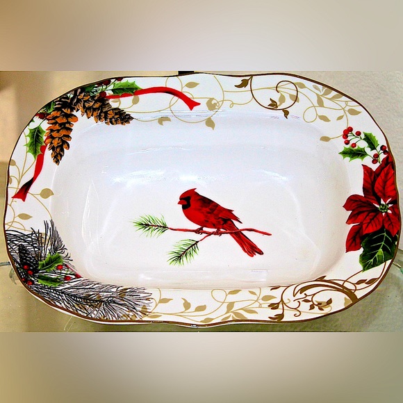 222 FIFTH HOLIDAY WISHES OVAL VEGETABLE BOWL RED CARDINEL PINE CONES NEW - Picture 3 of 4